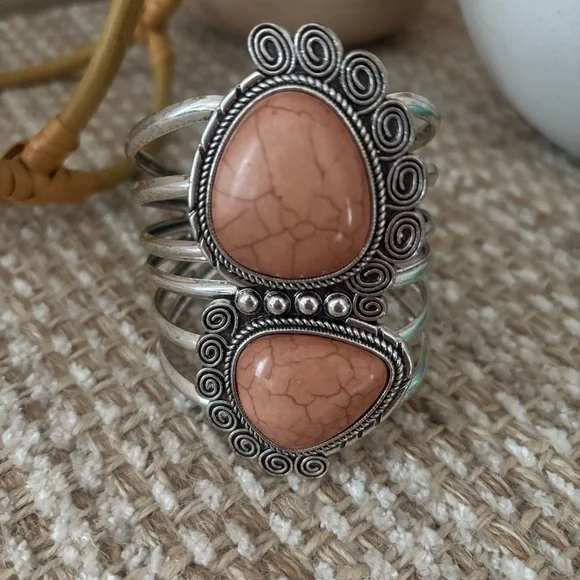 Coral Silvertone Statement Cuff Bracelet Turquoise Acrylic Bangle Jewelry Bundle - Picture 2 of 6